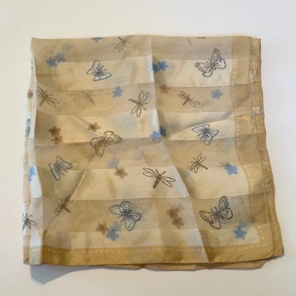 Made Italy Butterfly Dragonfly Striped Square Scarf Cream Tan Blue Cottagecore