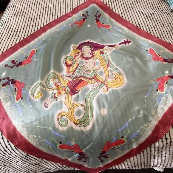 100% Silk Printed Asian Art Nouveau Style  Rolled Hem Large Scarf
