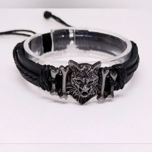 NEW leather‎ bracelet wolf bones black e23