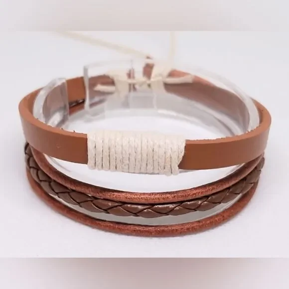 Men's leather‎ bracelet layered brown new e47