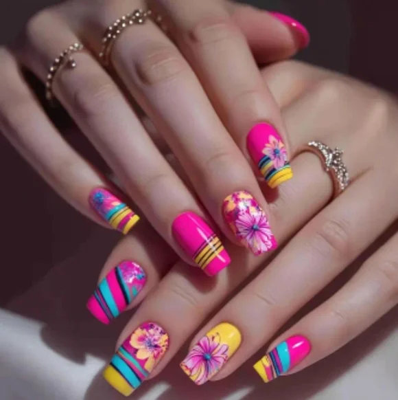 🔥3/$21 Vibrant Pink and Yellow Press On Nail Set
