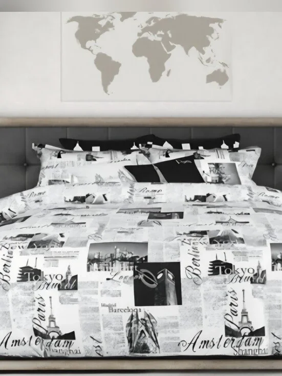 Passport by Alamode Travel Print Black and White Queen Duvet/2 Shams Bedding Set