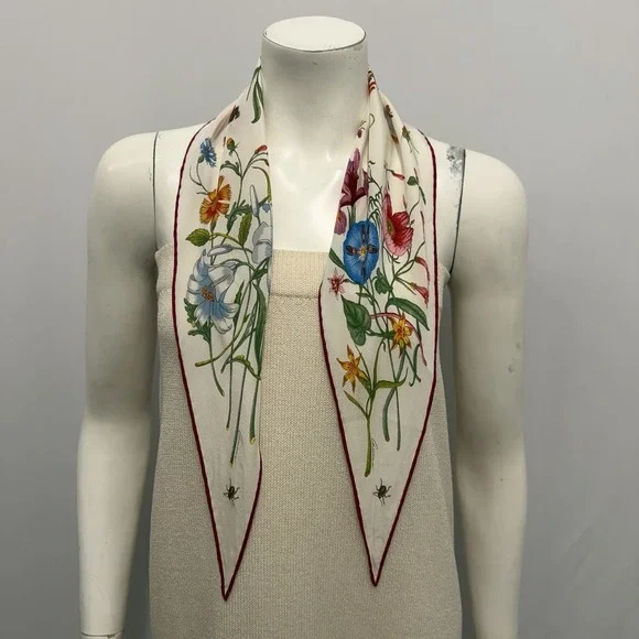 Vintage Gucci 100% Silk Floral & Insects Scarf Signed 