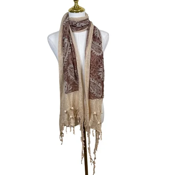 Paisley Knit Tassel Scarf Women Tan Brown Beaded Boho Romantic Wrap Fairy