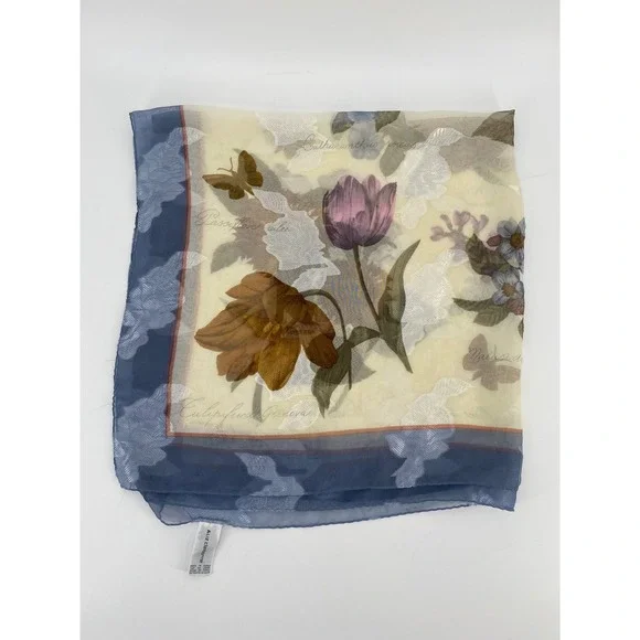 Liz Claiborne Square Scarf 34x34 Blue Cream Excellent Floral Botanical Sheer