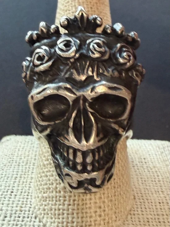 .925 Sterling Silver Crowned Tiara Skull Statement Ring Size 10