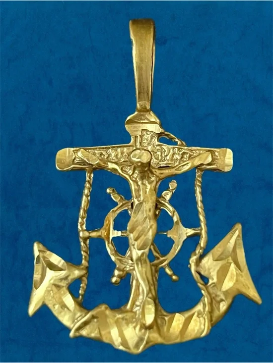 Solid 14K Gold Mariner Anchor Cross Crucifix Pendant