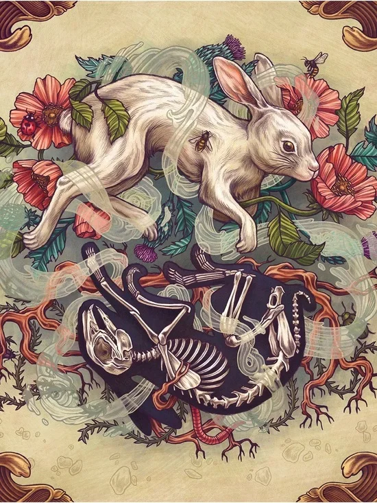 Society6 White Rabbit and Floral Duvet Cover with Coral and Teal Accents