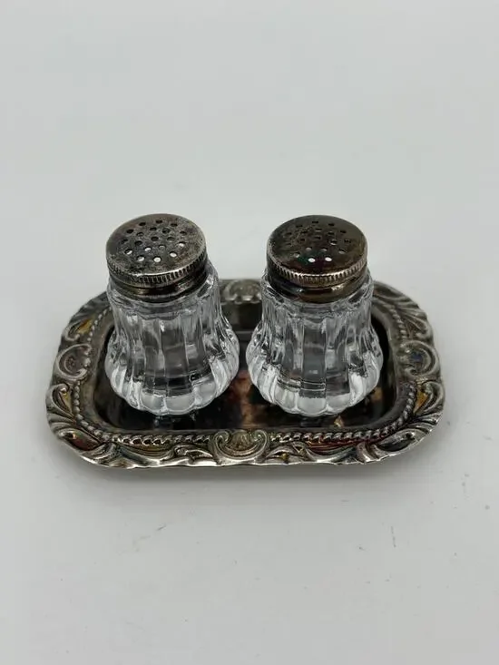 Vintage Salt & Pepper Shaker Set Glass Shakers w/ Ornate Metal Tray