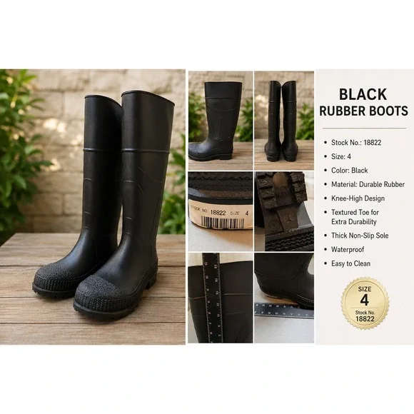 Black Rubber Rain Boots Waterproof Knee High Work Boots Size 4 USA Made 18822