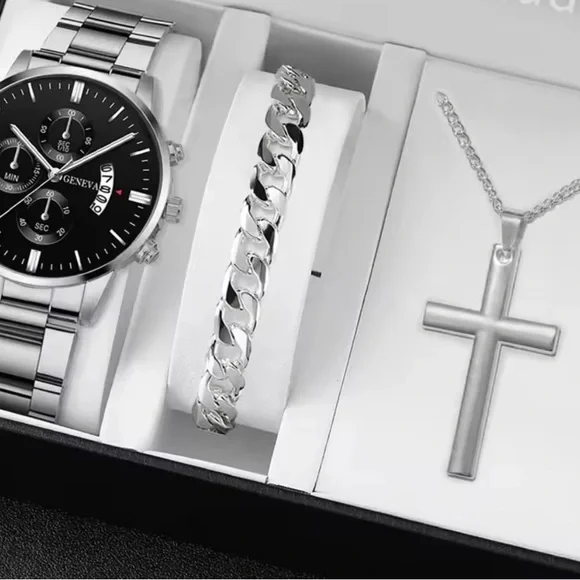 Silver Watch, Bracelet, and Necklace Set