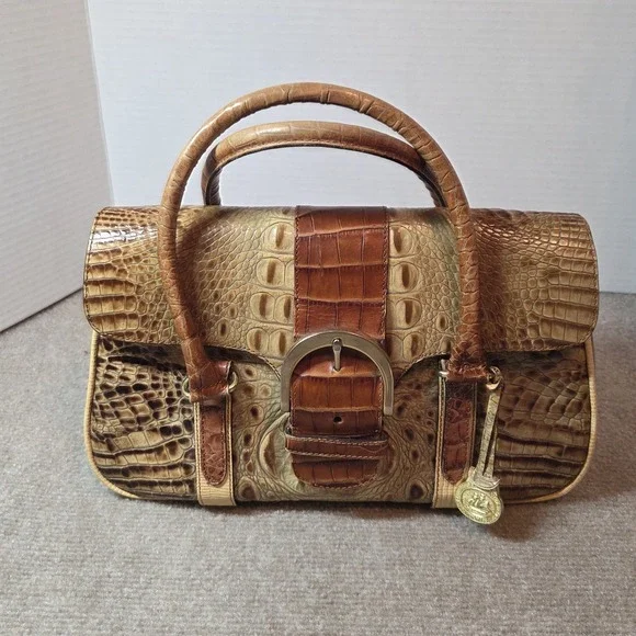 BRAHMIN VINTAGE TRI-COLOR ITALIAN LEATHER HANDBAG Croc embossed classic