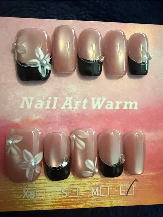 Nude Pink cateye handmade Press-On Nails with Black Tips & White Floral Accents
