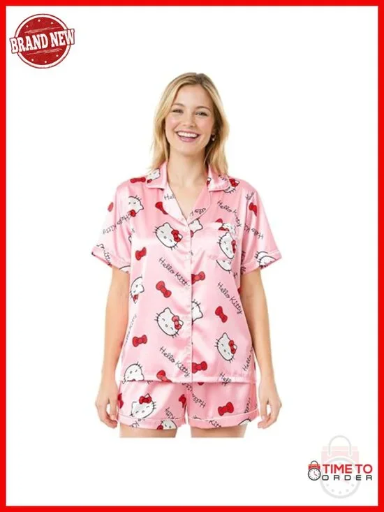 2 Piece Women's Pajama Set with Button-Down Shirt and Shorts, Kawaii Lounge Set