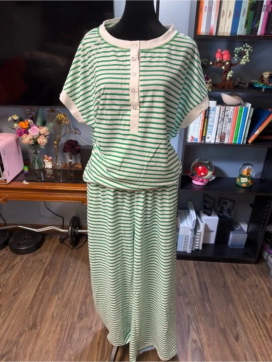Green Stripe Pajama Set with Button-Front Top