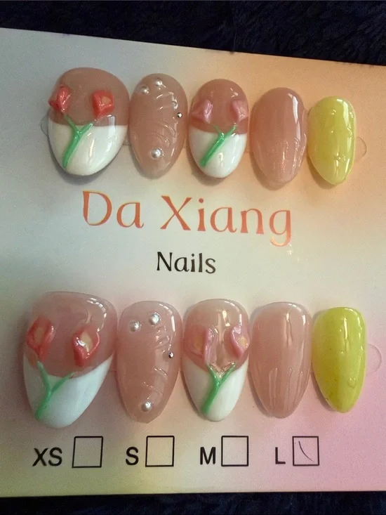 Pink 3D Floral handmade acrylic Press-On Nail Set with Yellow Accent