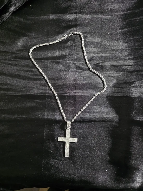 Silver Tone Rope Chain Bling Cross Charm Pendant Swaggy Necklace,