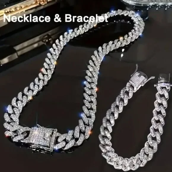 New 18k white gold filled Cuban link chain and bracelet set