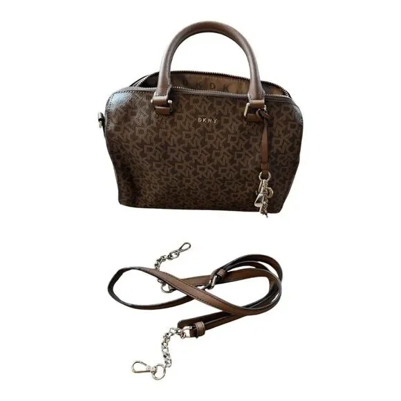 DKNY brown monogram bag is a DKNY Bryant Boston tote featuring an all-over logo