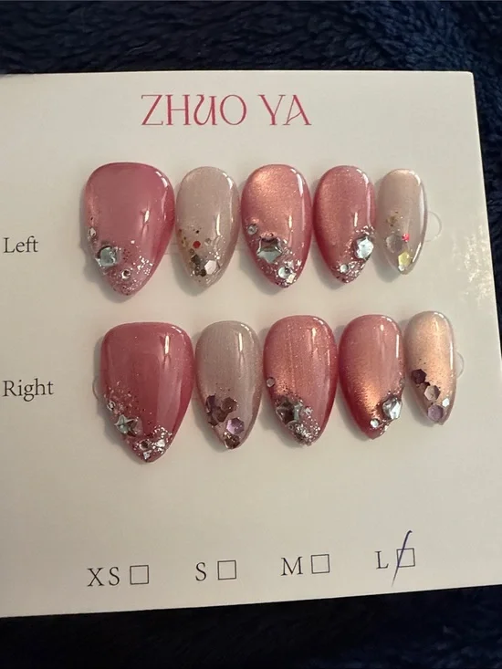 Pink  Pearl Cateye handmade acrylic Press-On Nail Set with Rhinestones