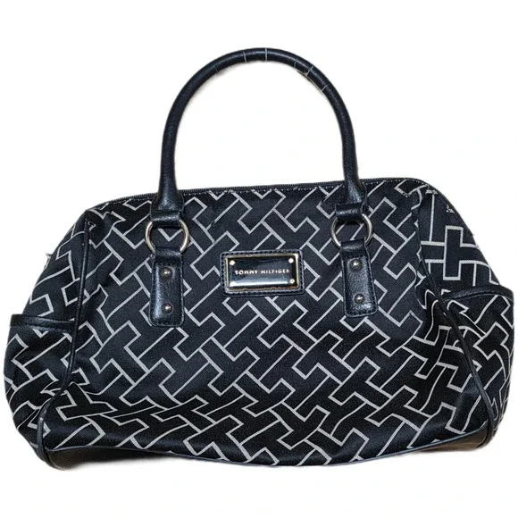Tommy Hilfiger‎ Satchel Handbag Purse Black White Geometric Print Faux Leather