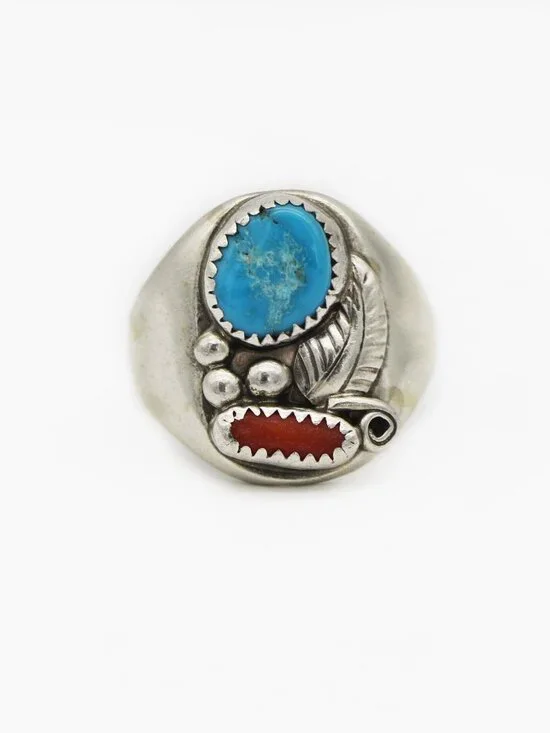 Native American Navajo Sterling Silver Turquoise Coral Ring