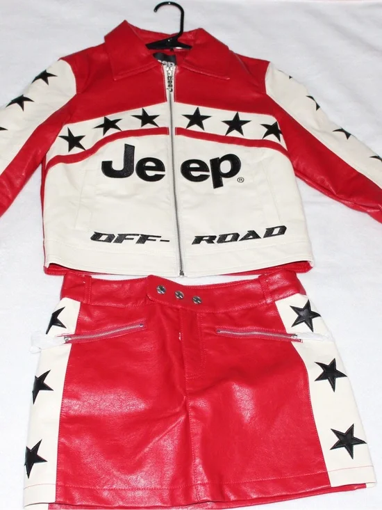 Jeep Red and White Star Leather Jacket and Skirt Set