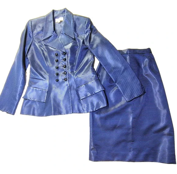 Karon Lorrance Taylored Skirt Suit Sapphire Blue Black Jacket Skirt Size 8 Mediu