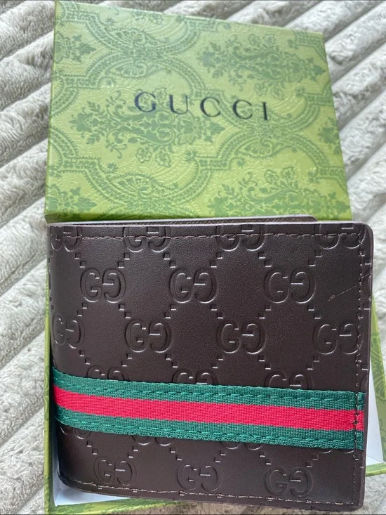 Source Unknown Brown Bifold Men's  Wallet. Green-Red Web Stripe