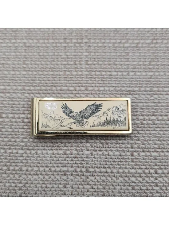 Vintage Gold Tone Scrimshaw Eagle Mountain Scene Minimalist Men's Money Clip B14
