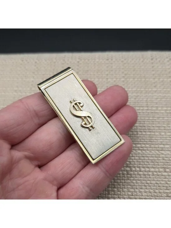 Vintage Two Tone Brushed Silver & Gold Dollar Sign Minimalist Men's Money Clip B