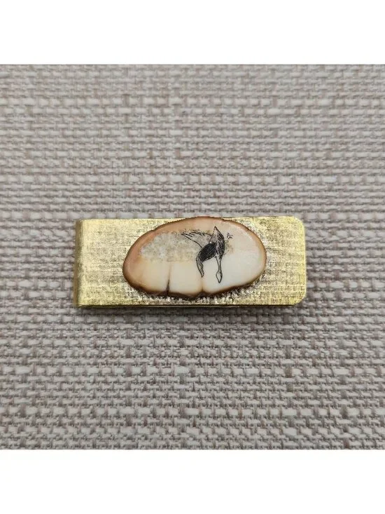 Vintage Alaskan Fossil Walrus Scrimshaw Bird Flying Brass Money Clip B1418