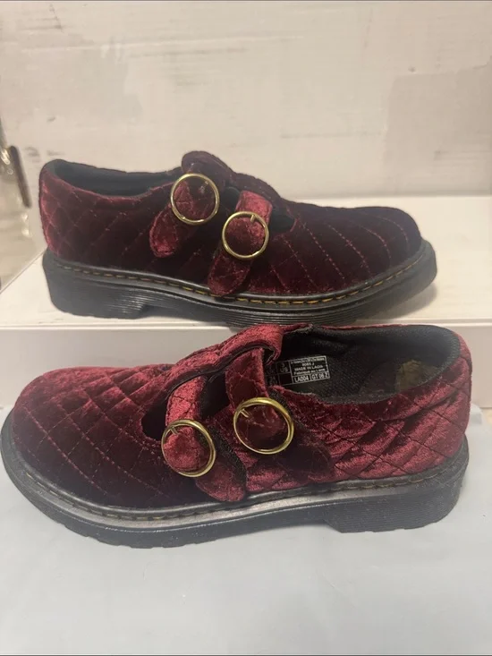 Dr. Martens Kids Quilted Burgundy Velvet Double-Strap Mary Janes