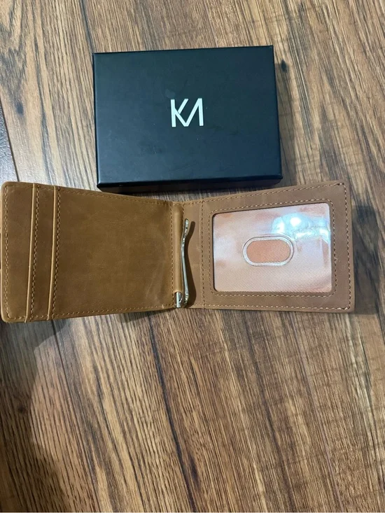 Tan Leather Money Clip Wallet with ID Window