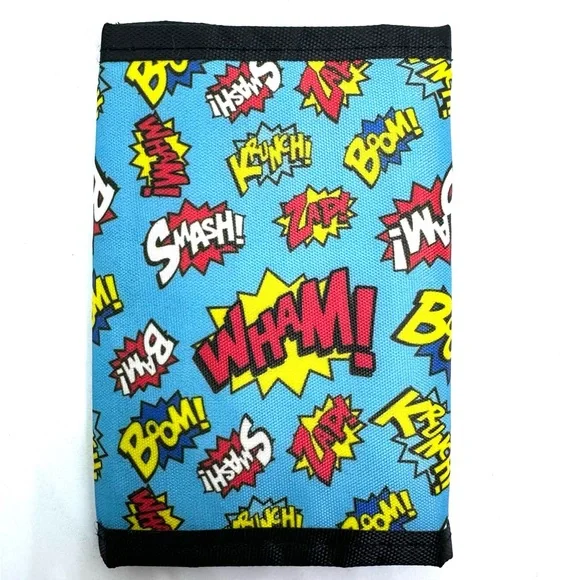NEW SUPERHERO TRI-FOLD WALLET BLUE BOOM BAM ZAP SMASH‎ KRUNCH WHAM