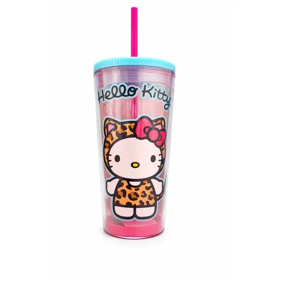 Hello Kitty‎ Leopard Outfit Plastic Tumbler Cup Lid Straw Sanrio Pink