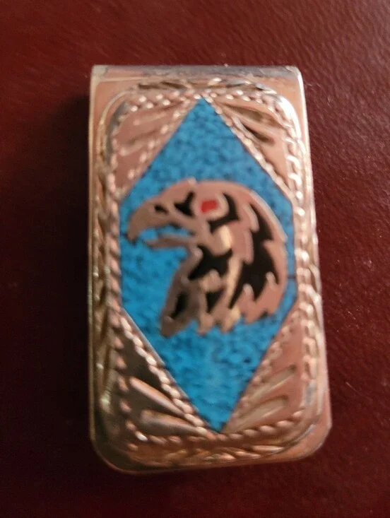 Nickle Silver Eagle Money Clip with Turquoise, Black Onyx And Red CoraI Inlay.