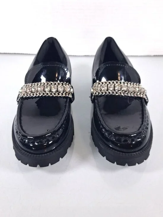 Steve Madden Girls Size 1 Black Taylar Loafers Slip On Shoes Rhinestone Accent