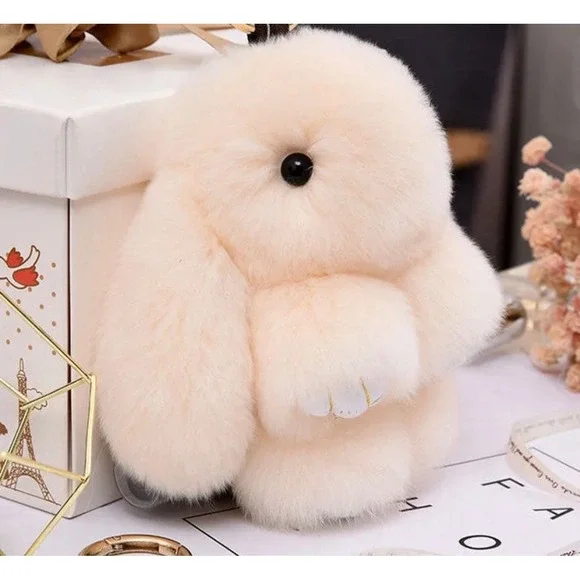 Fluffy Bunny Fur Keychain Cream Soft Plush‎ Pom Pom Bag Charm