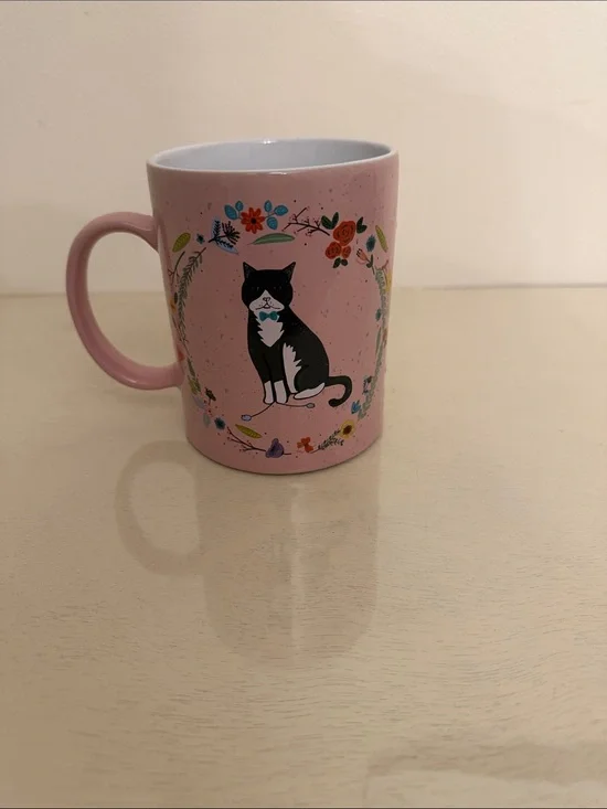 Cynthia Rowley Pink Cat Ceramic Mug with Floral Design