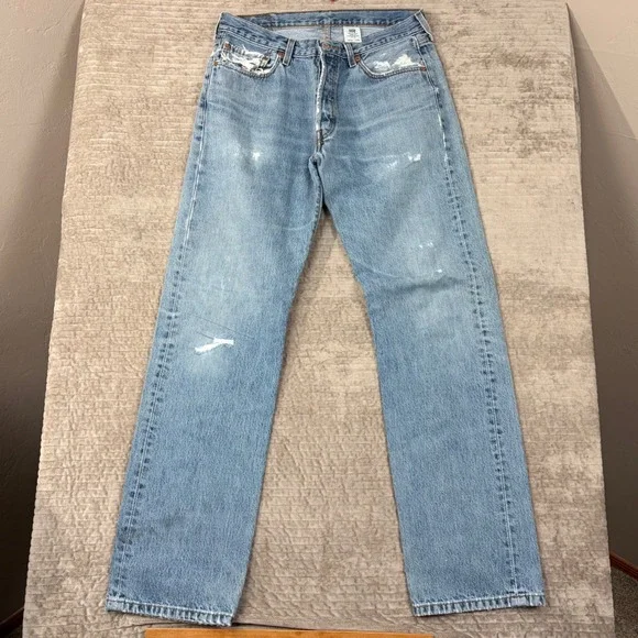 Levis 501 Mens Straight Leg Jeans 34x34‎ Light Wash Distressed Button Fly 0193