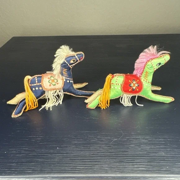 Vintage Horse Satin Embroidered China Hand Made Set Of Two‎