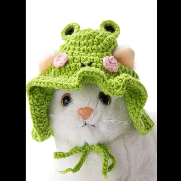 Green Crochet Cat Frog Hat with Pink Accents