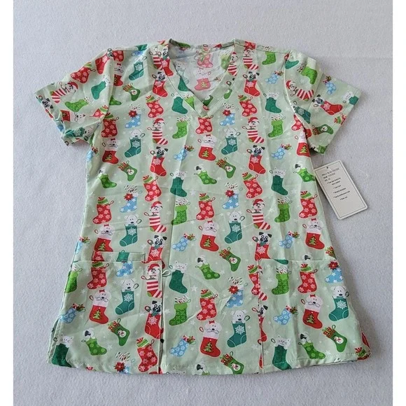 Green Town Scrubs for Women V-Neck Scrub Cat and Dog Christmas Scrub Top - Green