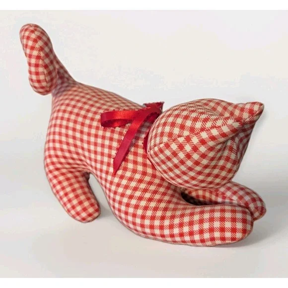 Vintage‎ Handmade Gingham Red White Cat Shelf Sitter Country Cottage Core Sturdy
