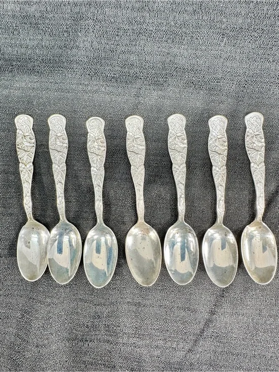 Antique Set 7 Rose by Knowles Aka Bug Pattern Floral Demitasse Spoons Sterling