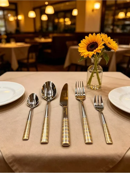 Gold-Striped Stainless Steel Flatware Set - Elegant Dining Collection 72 Piece