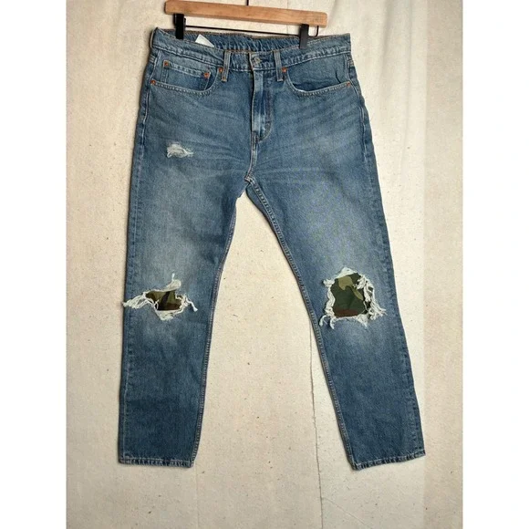 Levis‎ 502 Taper Mens Jeans Medium Wash Camo Patch Distressed 34x32 29507-0452