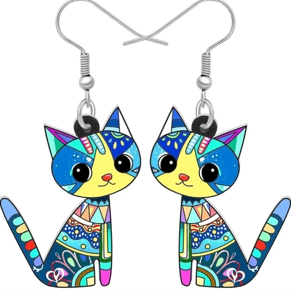 Whimsical Green and Blue Cat Earrings with Expressive Eyes