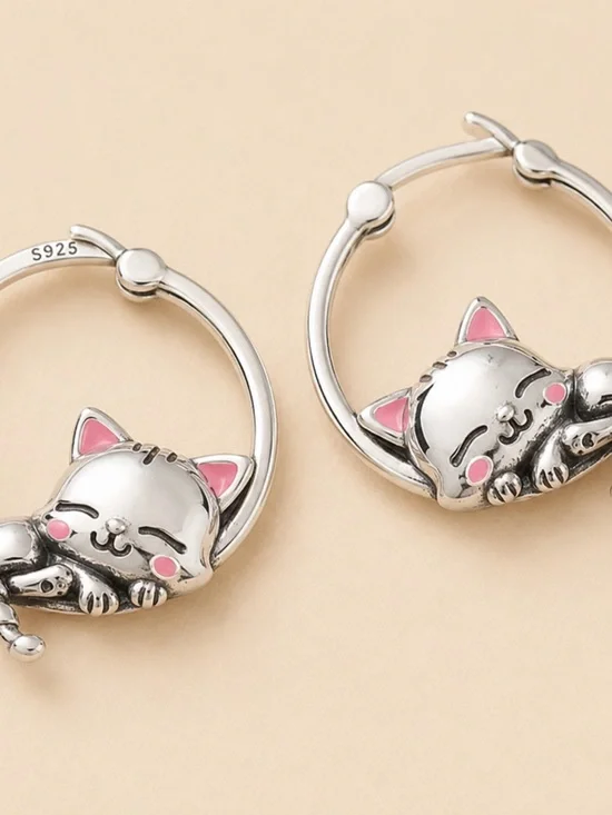 Sterling Silver Cat Hoop Earrings with Pink Accents